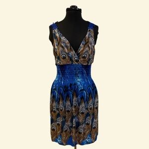 Blue Peacock Feather Print V-Neck Smocked Waist Dress M